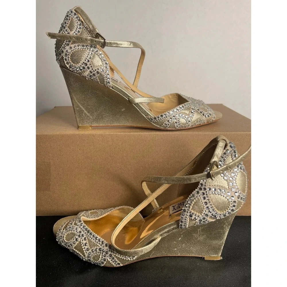Badgley Mischka Gold and Silver Crystal-Embellished Wedge Sandals